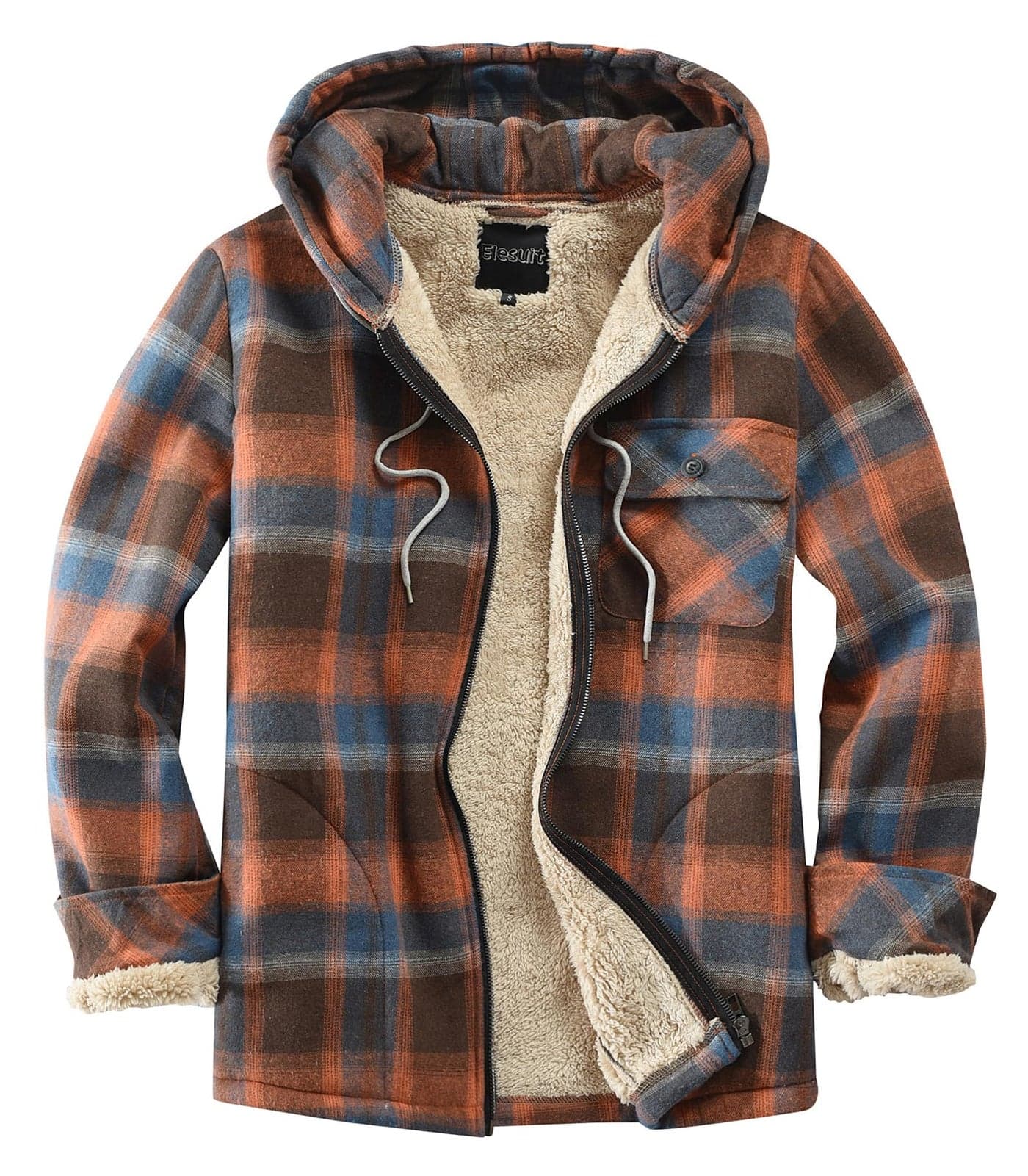 Elesuit Men's Full-Zip Fleece Hoodie All-Cotton Soft Sherpa Lined Flannel Shirts Jacket for men Orange Small