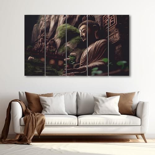 The Castle Decor Lord Buddha Wall Painting for Living Room Big Size - Meditating Gautam Buddha Painting Wall Decor Peaceful Art for Bedroom, Office, Hotels & Gifting - Wooden Framed (27x48 inch)