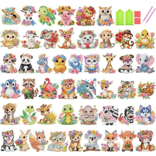 xackcme 48 Pcs Diamond Art Painting Sticker Kits for Kids Animal Diamond Gem Stickers Kit 5D Animals Gem Art Stickers Mosaic for Kids Gift for Boys Girls 481012 Years Old