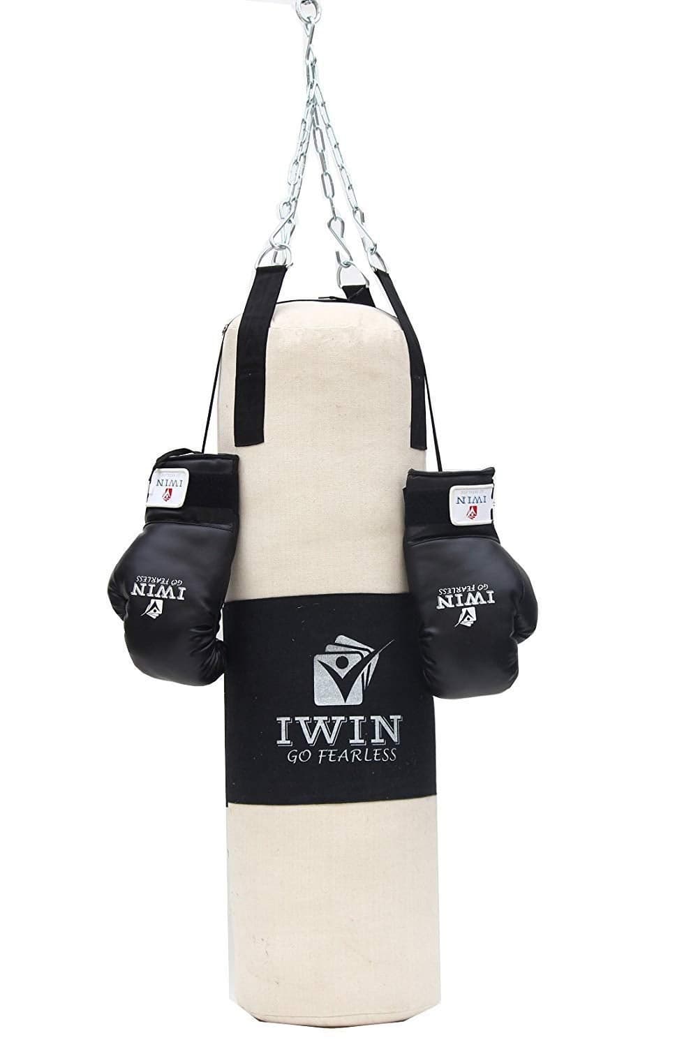 IWIN Unfilled Punching Bag Combo with Boxing Gloves 12 Oz and Chain (36" (3Ft)), White