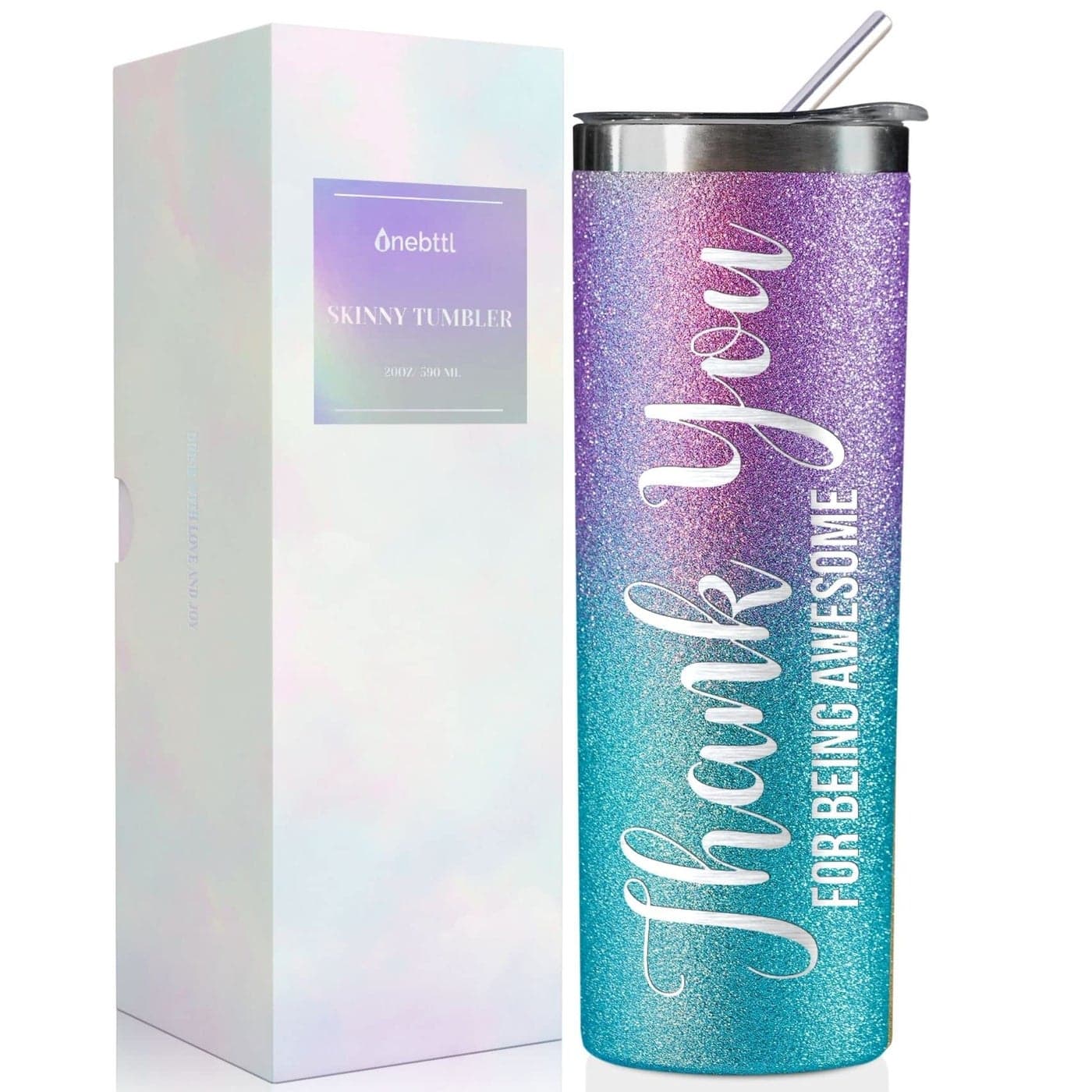 Onebttl Thank You Gifts Thank You for Being Awesome Appreciation Gift for Coworker Boss 20Oz Skinny Tumbler for Women Glitter Blue Purple