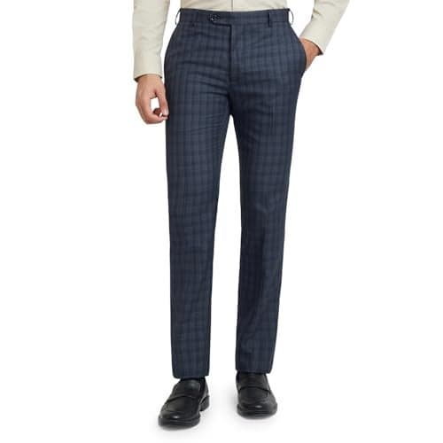 Raymond Men's Slim Fit Mid Rise Formal Trousers, Poly Viscose Blend, Checked Pattern, Pleatless | Dark Blue