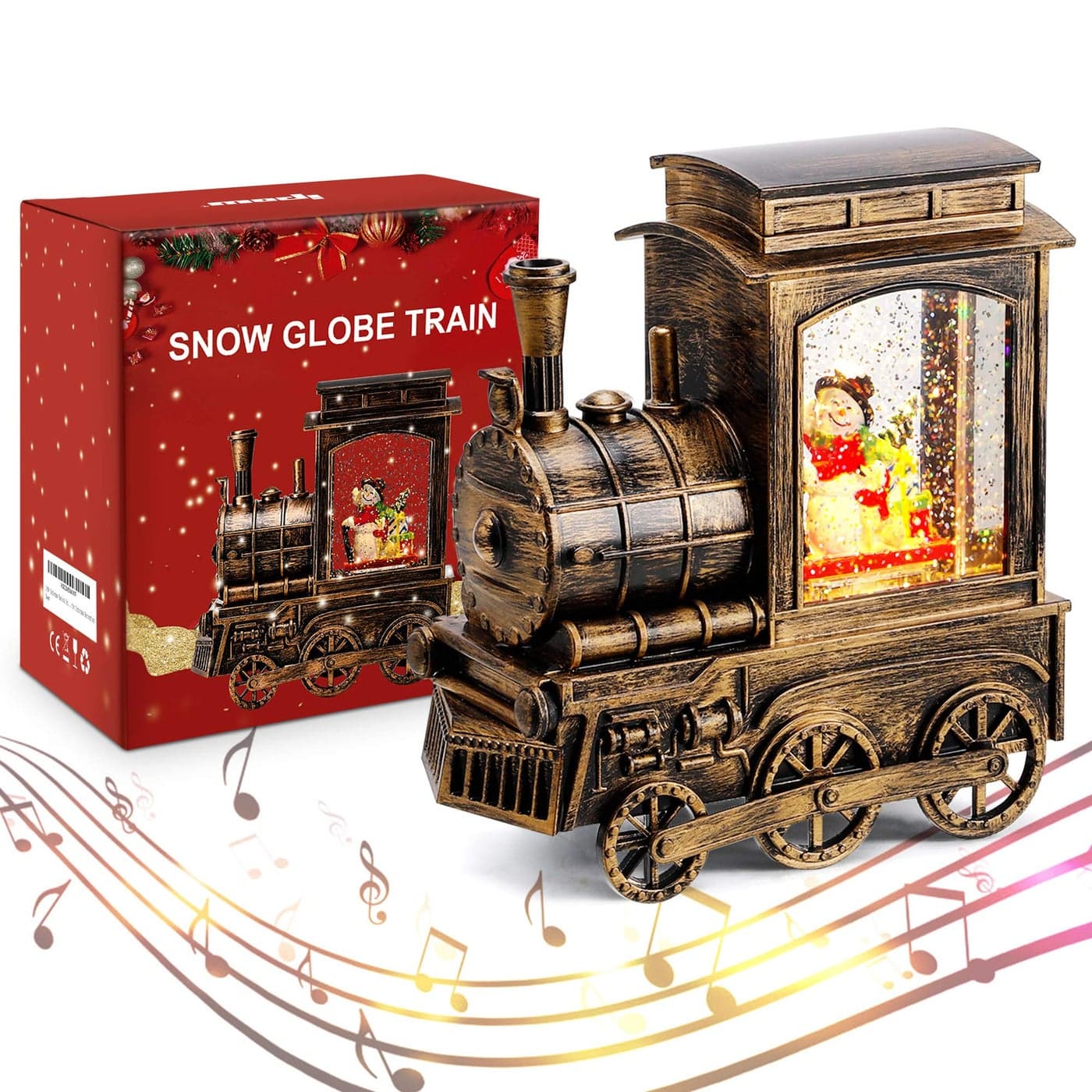 IPOW Christmas Snow Globe Lantern Train with Water Swirling Glitter Musical and Lighted 6 Hours Timer USB Powered Battery Operated Music Box for Christmas Home Decoration Gift Snowman Scene