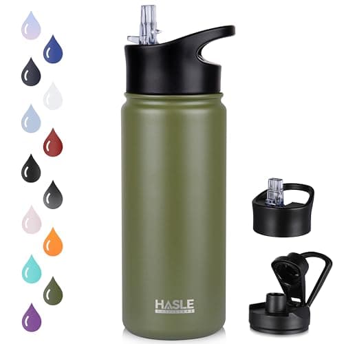 HASLE OUTFITTERS Insulated Water Bottle Kids 16 oz Double Wall Vacuum Stainless Steel Water Bottle Leak Proof for School Wide Mouth with Straw Lid & Spout Lid Keeps Cold and Hot(Army Green,1pack)