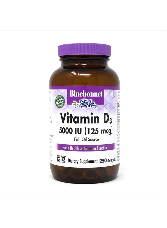Nutrition Vitamin D3 5000 IU Softgels, Aids in Muscle and Skeletal Growth, Cholecalciferol from Fish Oil, Non GMO, Gluten Free, Soy Free, Dairy Free, Yellow, 250 Softgels