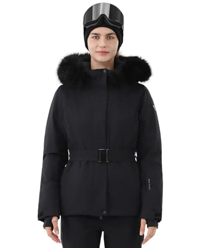 HIGH EXPERIENCE Women's Ski Jacket Snowboard Fitted Slim Belted Snow Coat Warm Winter Mountain Waterproof Windproof Insulated Hooded (US, Alpha, X-Small, Regular, Regular, Black)