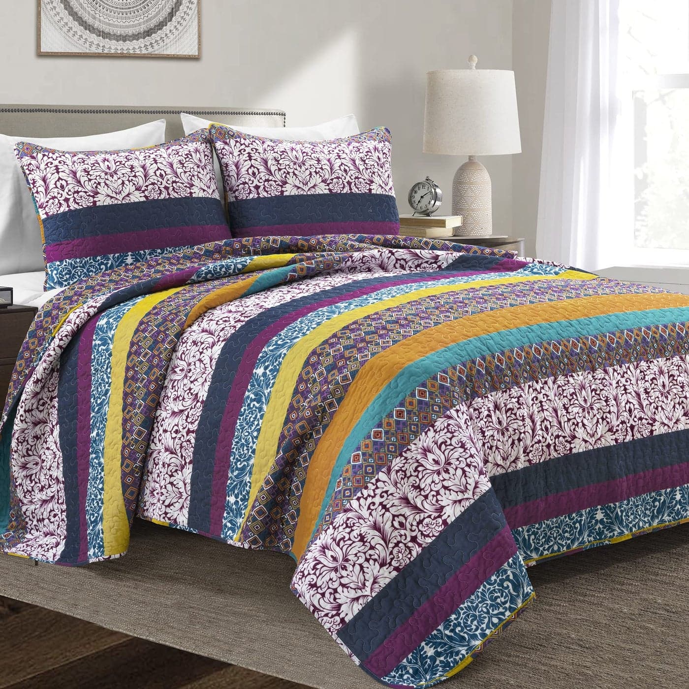 Lush Decor Boho Stripe Reversible Cotton Quilt 3Piece Set Full Queen Plum Yellow Bold Colorful Bohemian Bedding Set