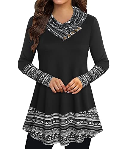 Bebonnie Flowy Tunic Tops for Women, Women's Long Sleeve Christmas Xmas Cowl Neck Form Fitting Casual Tunics Top Blouse Black Large