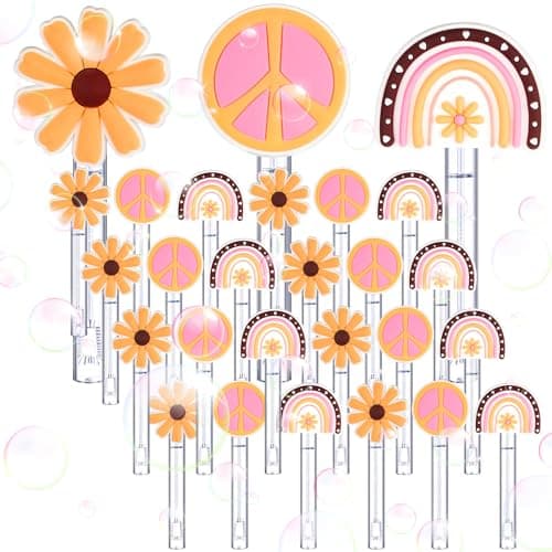 Seenelling 24 Pcs Groovy Hippie Mini Bubble Wand for Kids Boho Rainbow Daisy Peace Sign Bubble Party Favors Assortment Toys for Girls Boys Celebration Birthday Goodie Bag Stuffers Summer Outdoor Gifts
