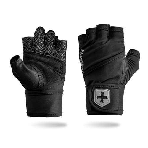 Harbinger Pro Wristwrap Gloves 3.0 - Enhanced Grip, Superior Wrist Support, Breathable 4-Way Stretch Lycra, Durable Leather Palm, Half-Finger Design for Weightlifting, Gym, Black, Medium - Men's
