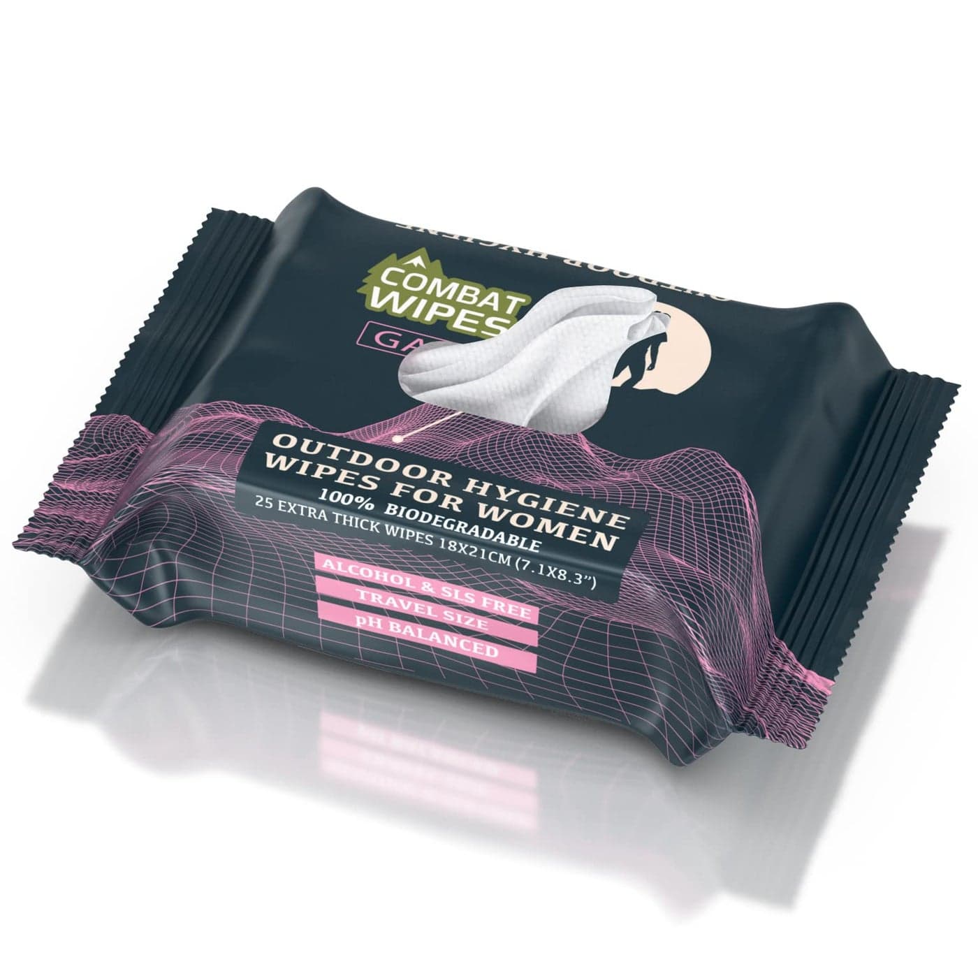 Combat Wipes Gaia Feminine Hygiene Outdoor Wet Wipes Extra Thick Ultralight Biodegradable pH Balanced Body Hand Cleansing Cloths for Women wAloe 1 Pack 25 Wipes
