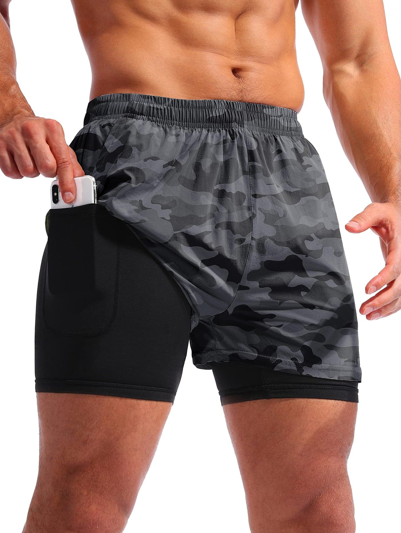 Pudolla Men’s 2 in 1 Running Shorts 5" Quick Dry Gym Athletic Workout Shorts for Men with Phone Pockets(Black Camo X-Large)