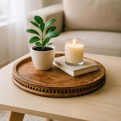 CRAFTYKART Round Wood Serving Tray, Rustic Nesting Trays Stackable Platters for Serving Cakes, Pastries, Snacks, Breakfast,Decorative Wooden Beaded Tray 10 inches Centerpiece for Dining & Coffee Table