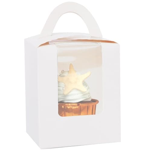 Bakepacker Auto-pop up Individual Cupcake Boxes with Window 25 Count White Single Cupcakes Box 3.7 x 3.7 x 4.3inch Cupcake Carrier