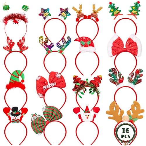 HOVACY 16 PCS Christmas Headbands 16 Styles Red Xmas Headpieces Cute Holiday Bow Tie Hair Bands Felt Elf Hat Santa Hat Headwear for Christmas Party Supplies Accessories