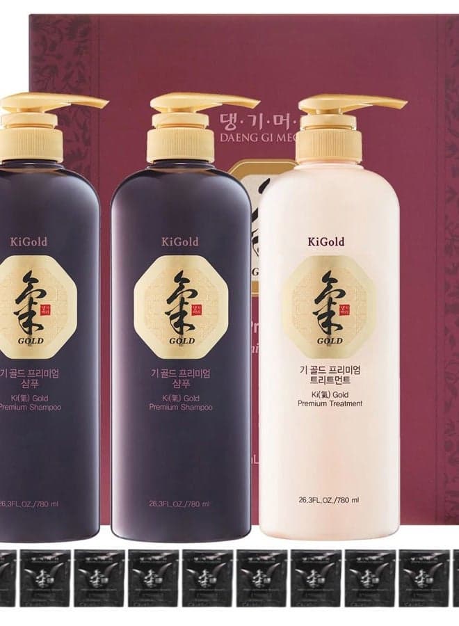 DAENG GI MEO RI - Ki Gold Premium 2 Shampoo 780ml + 1 Treatment 780ml + 10 Traveling Pouch Samples 10ml Set, Samples may vary.