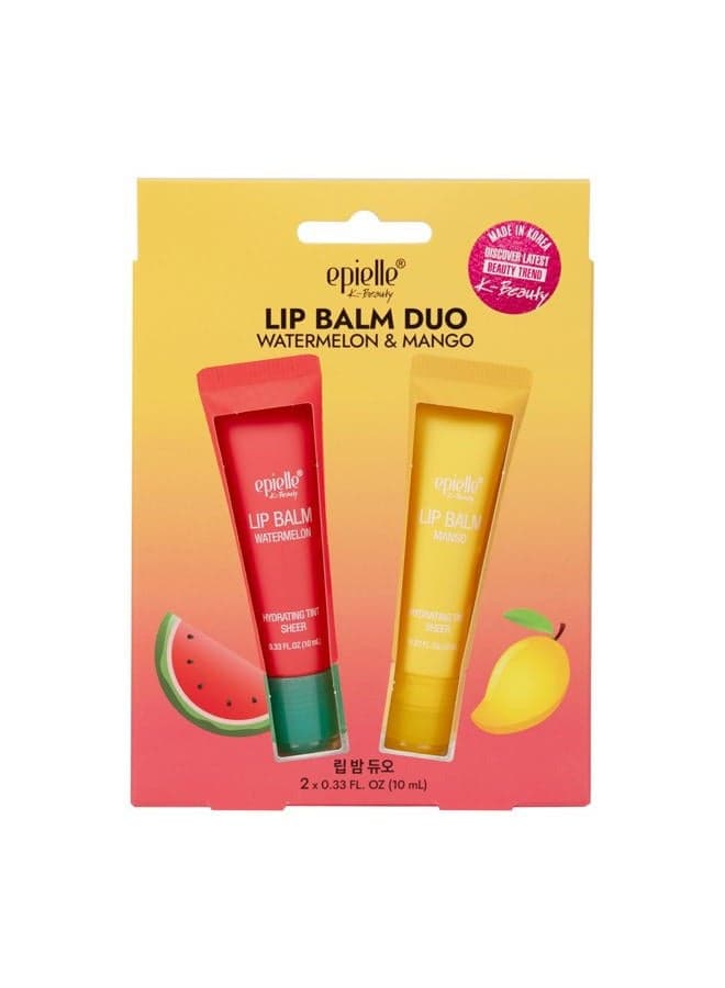 Lip Balm Duo Watermelon & Mango, Hydrating Tint Sheer, Shea butter & Fruit Extract, Kbeauty, Stocking Stuffers