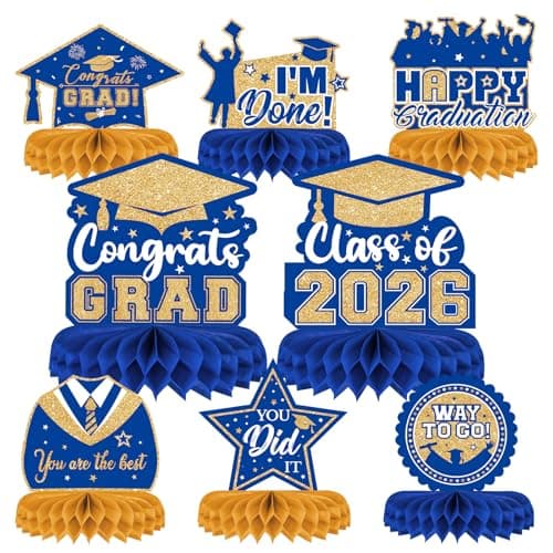 8 Pieces Class of 2026 Graduation Table Decorations 2026 Congrats Grad Honeycomb Centerpieces Graduation Table Toppers Decor for 2026 Graduation Party Decorations Favor Supplies Blue and Gold