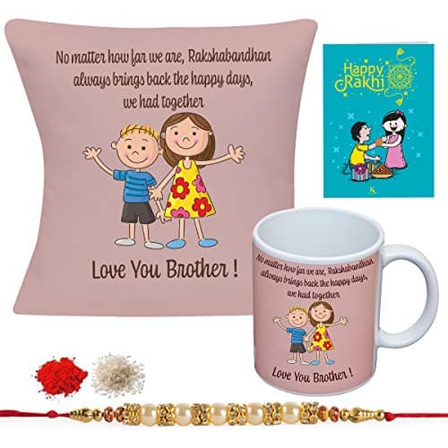 Kaameri Bazaar Rakhi Gift for Brother | Love You Brother Quote Printed Cushion Cover with Filler, Coffee Mug, Rakhi for Brother, Roli & Greeting Card