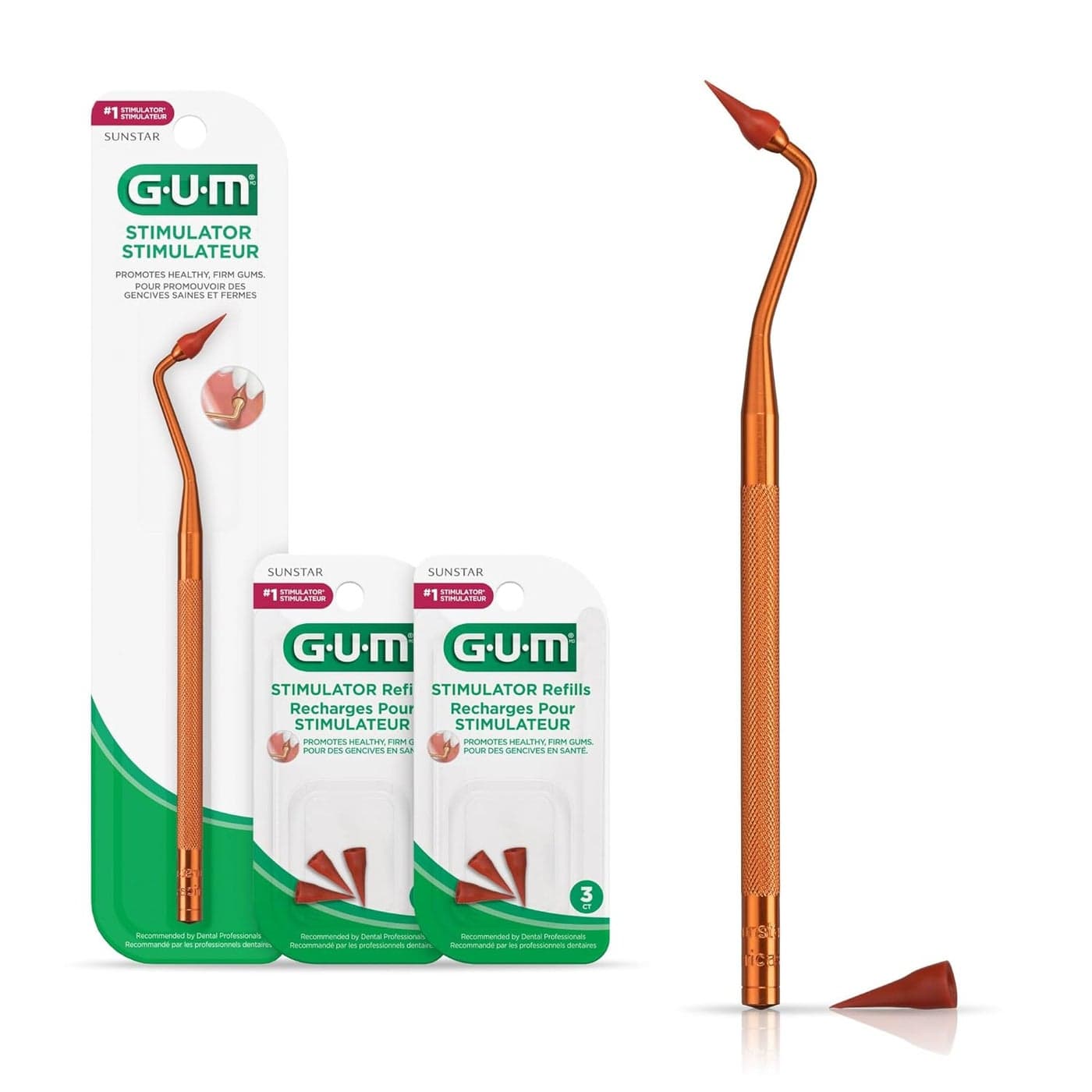 GUM Stimulator Permanent Handle Long Handled Massager Remove Plaque Promote Health Handle 2 Refill Packs