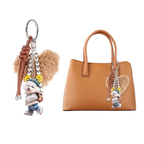 XIXIAOYAN Brown Heart Pom Pom Keychain for Women - 4-Piece Plush Gag Charms for Handbags, PU Leather Strap & Dog Tag | Cute Purse Charms for Handbags, Backpacks & Car Keys