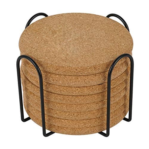 8 Pcs Drink Coasters with Holder, Thicker Cork Coasters for Drinks Absorbent for Coffee Table Wooden Coaster Set Tabletop Protection Cup Mat Bar Kitchen Living Room House Home Decor Housewarming Gift