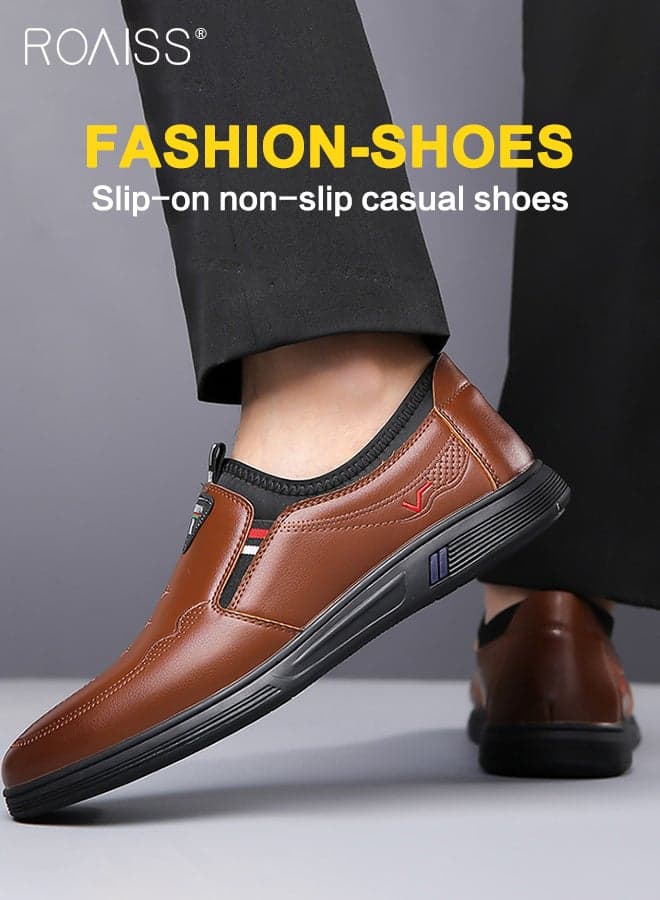 Men Leather Shoes, Low Top Slip on Shoes with Non Slip Sole, Stylish Flat Shoes for Men, Simple Classic Business Shoes, Suitable for Daily Wear, Business, Wedding and Outdoor Activities