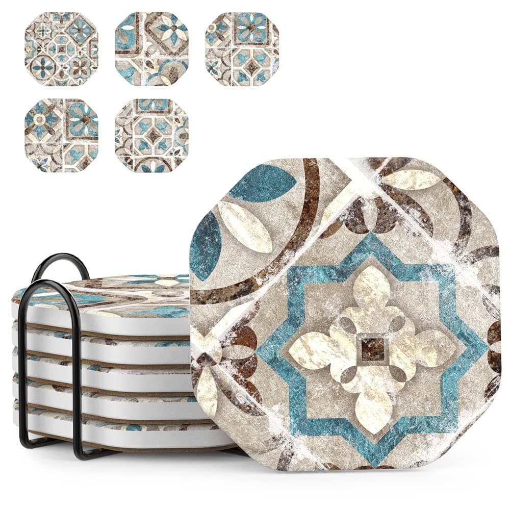 UMIRRO Drinks Coasters for Coffee Table Decor Rustic Retro Boho Farmhouse Coasters Absorbent Cup Mats for Wooden Table Mandala Style Unique Vintage Tile Design Brown 4 Set of 6