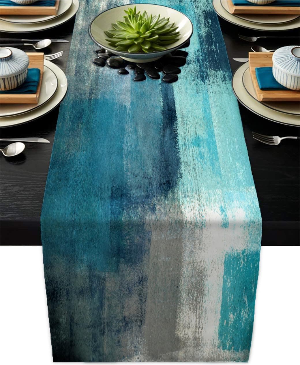 Teal Grey Table Runners Modern Art Farmhouse Linen Turquoise Table Runners Dresser Scarves Retro Rustic Style for Party Kitchen Dining Table Coffee Holiday Party Decor (Teal Grey, 13"x 71")