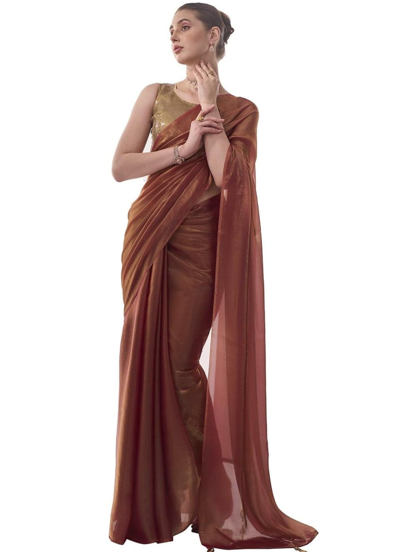 ORHANS Women's Organza Latakan Lightweight Saree With Art Silk Sequence Work Golden Unstitched Blouse Piece