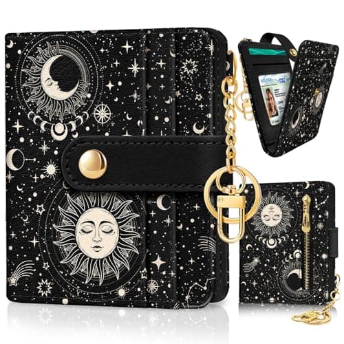 Jogjam Sun and Moon Rfid Women Wallet, Small Slim Thin Credit Card Wallet, PU Leather Bifold Cash Zipper Coin Pocket ID Window for Female Ladies Teen Girls Girly
