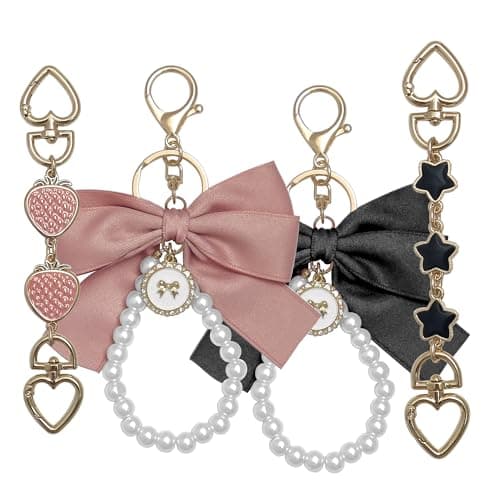 Nalefow 4Pcs Purse Extender Chain & Bow Keychain Kit - 2 Extender Chains & 2 Bow Charms - Handbag Strap Extenders, Replacement Purse Making Supplies, Bag Accessories (Black & Pink Strawberry)