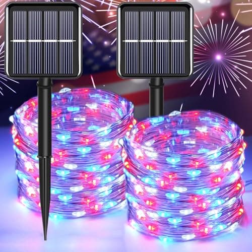 YAOZHOU 4th of July Patriotic Decorations,Red White Blue Solar Fairy String Lights Outdoor Waterproof, 2Pack Total 200LED 66Ft,IP67 8 Modes Outside Memorial Day for Garden,Patio, Yard