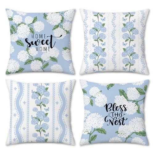 Bonhause Hydrangea Floral Throw Pillow Covers 18 x 18 Inch White Blue Flowers Butterfly Spring Summer Outdoor Decorative Pillows Case Soft Velvet Cushion Covers for Sofa Couch Home Decor Set of 4