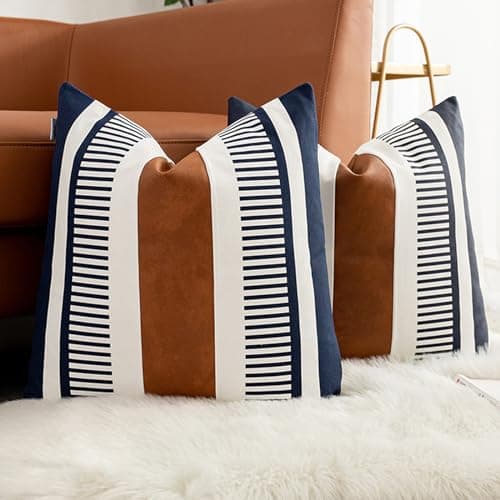 Vfuty Set of 2 Navy Blue and White Boho Throw Pillow Cover, Faux Leather Modern Couch Pillow Covers 22x22 inch Farmhouse Stripe Pillowcase for Sofa Bedroom Living Room