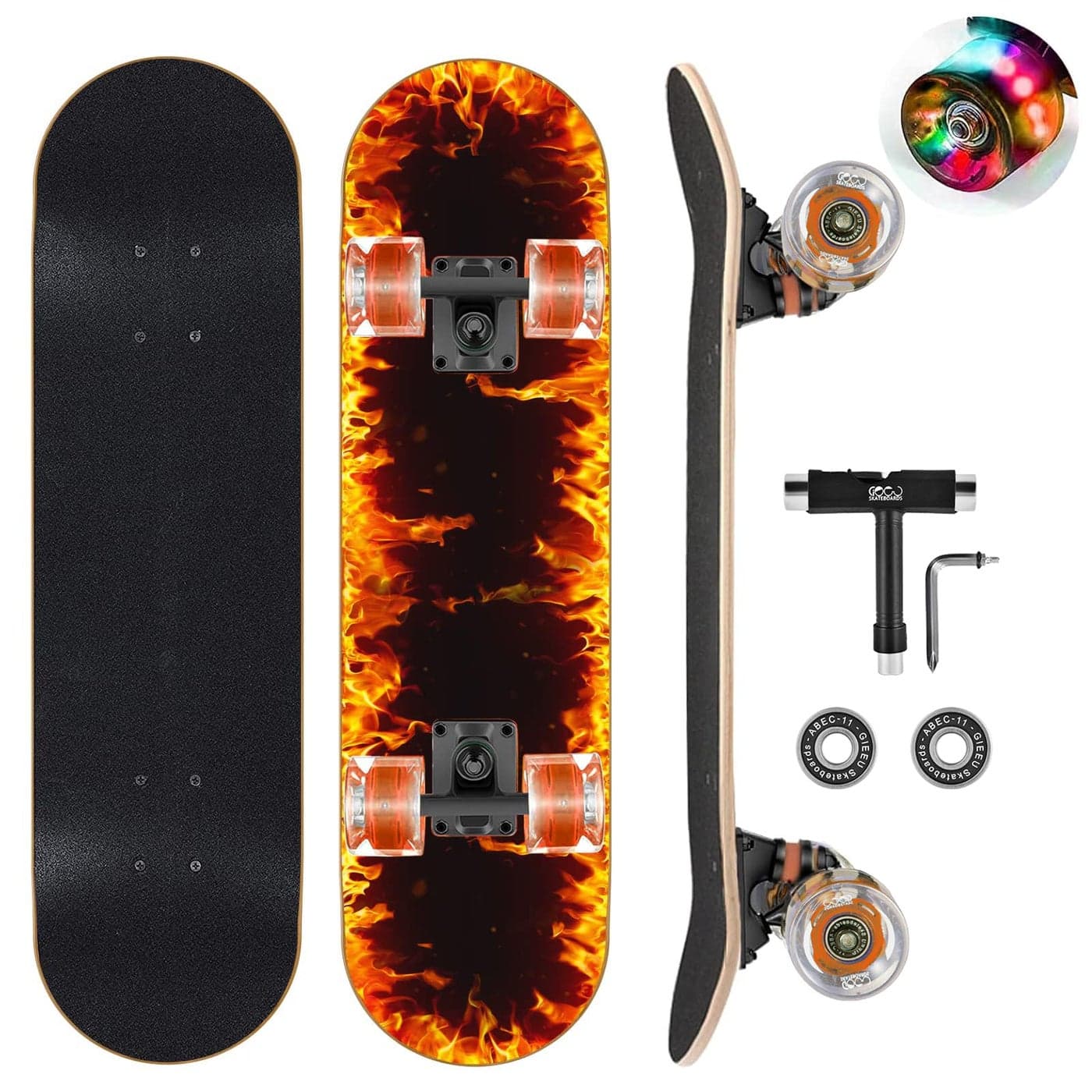 GIEEU Skateboards with Colorful Flashing Wheels for BeginnersKidsTeensAdults Complete Standard Skate Boards 9 Layer Canadian Maple Deck Concave Skateboard 2FIre