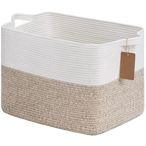Goodpick Woven Storage Baskets for Organizing Blanket Basket Living Room Rope Baskets for Storage Rectangle Toy Basket With Handles Brown and White 18 x 14 x 12 Inches