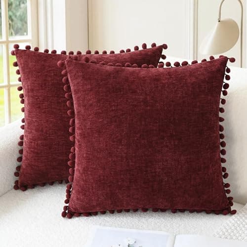 CaliTime Christmas Throw Pillow Covers Decorative 20 X 20 Inches Pack of 2 Cozy Solid Dyed Soft Chenille Cushion Cases with Pom Poms for Couch Sofa Bed Living Room Home Burgundy