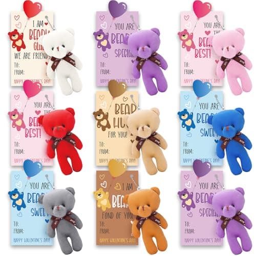 Valentines Day Gifts for Kids 24 Pack Mini Bear Plush Toys Small Stuffed Animals Bulk Keychains with Valentines Day Cards for Kid Girls Boys Teens Exchange Gifts School Classroom Prizes Party Favors