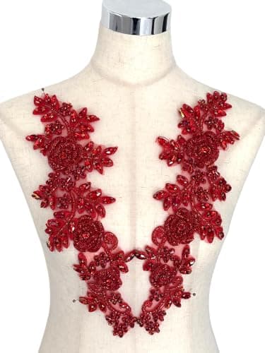 Labellezalady Beaded Rose Flowers Leaves Rhinestone Pair Applique in Silver White AB Color Black for Prom Dress Belt Arts Crafts Sewing decorat Red