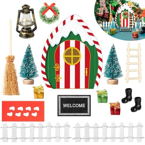 Haooryx Christmas Elf Garden Miniatures 16Pcs Christmas Wooden Miniature Magic Fairy Doors Decoration Kit Elf Magic Door Wall Fairies Xmas Winter Xmas New Year DecorDripping Snow Doorframe