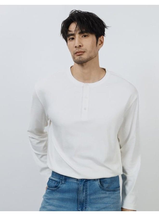 Men's Henley Neck Long-Sleeved Fitted Base Layer Shirt, Mature-Looking Pullover Crew Neck Top, Cotton Blend Wrinkle-Free Moisture-Wicking T-Shirt, White