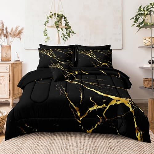 Merryword 8 Pcs Bed in a Bag Comforter Set - Queen Size Black Gold Marble Bedding Set
