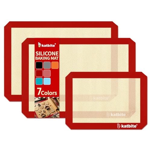 Katbite Silicone Baking Mat Colorful Collection - Set of 3: 2 Half Sheets Mats (11 5/8" x 16 1/2") + 1 Quarter Baking Sheet, Reusable & Nonstick Bakeware Mats for Cookies, Macarons, Bread (Red)