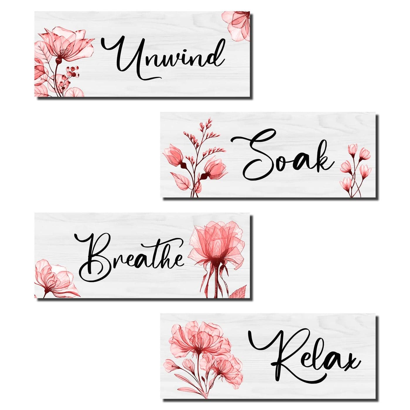 4 Pieces Bathroom Wall Art Rustic Farmhouse Bathroom Wall Decor Sign Relax Soak Unwind Breathe Wood Hanging Sign for Home Spa Bathroom Laundry Decor Pink