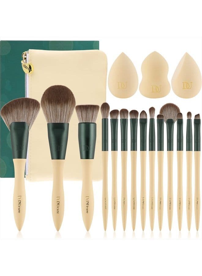 Makeup Brushes 14Pcs with 3Pcs Makeup Spong & Cosmetic Bag - Lime Mojito Series Professional Kabuki Foundation Blending Brush Face Powder Blush Concealers Eye Shadows