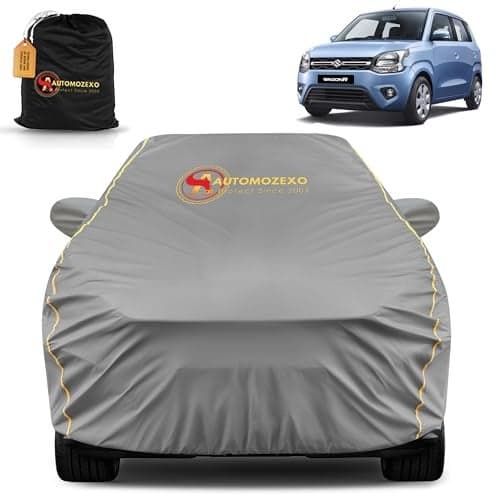 AUTOMOZEXO Maruti WagonR 100% Waterproof Car Cover for All Weather Protection with Mirror Pocket Inner Cotton Layer Triple Stitched Cover with Adjustable Belt Bottom Elastic to Secure Fit -Grey
