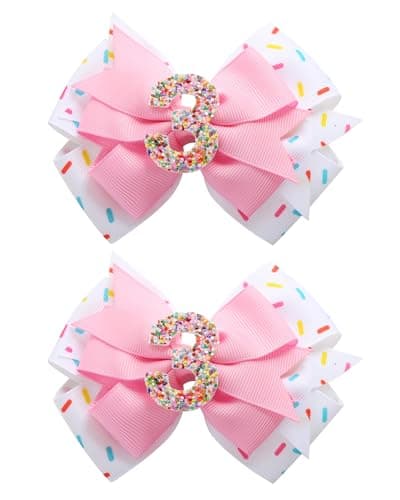 2Pcs Birthday Hair Bow for Baby Girls 2 3 4 5 6 7 Years Sprinkle Decorations Confetti Ice Cream Party Pink Pigtail Hair Accessories for Three 3rd Third Birthday