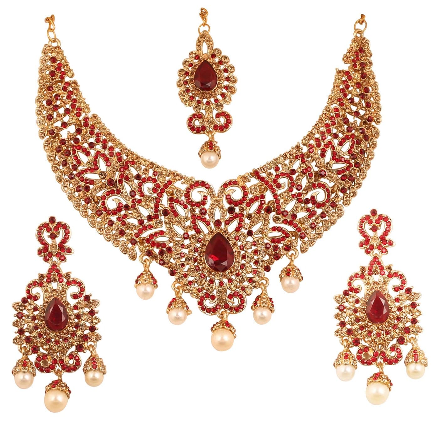Touchstone New Indian Bollywood Desire Charming Studded Diamond Look Fine Filigree Yellow Red Rhinestones Heavy Bridal Jewelry Hasli Necklace Set in Antique Gold Tone for Women