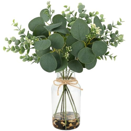 MACTING Artificial Eucalyptus Stems in Glass Vase with Faux Water Stones 14" Artificial Plants Indoor Eucalyptus Leaves for Table Centerpieces Bathroom Shelf Farmhouse Wedding Home Decorations